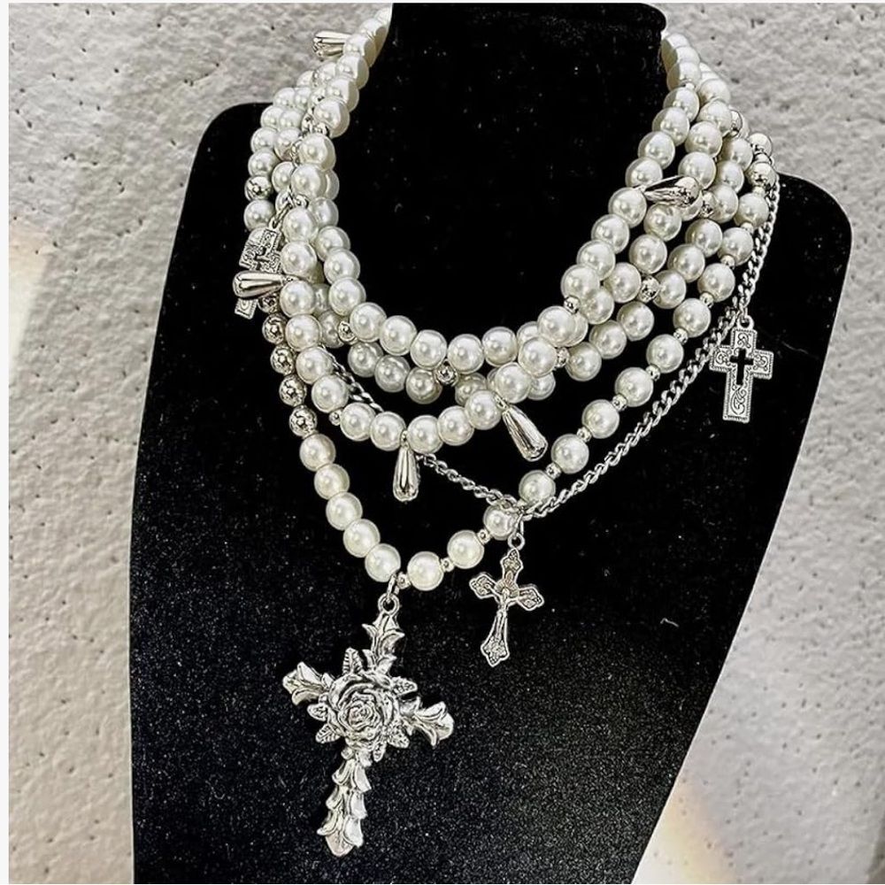 Pearl Gothic Cross Layered Necklace Y2K Unisex Silver 4X Pc 4 Necklaces